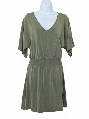 White House Black Market Sage Green Vneck Smocked Elastic Waist Mini Dress